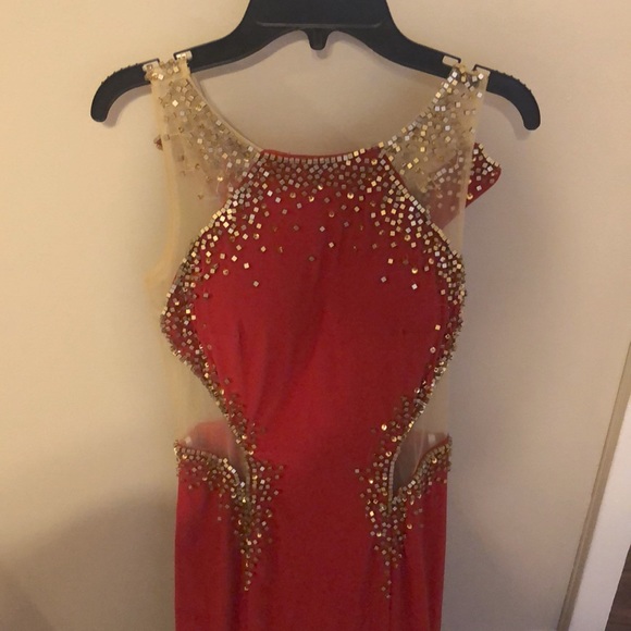 GLS Red With Gold Beads Long Prom Dress With Slit - Picture 7 of 14